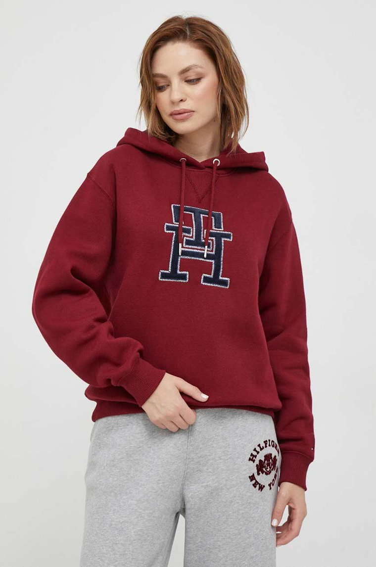 Tommy Hilfiger bluza damska kolor bordowy z kapturem z aplikacją