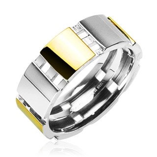 Stalowy pierścionek ze złotymi elementami - Rozmiar : 58