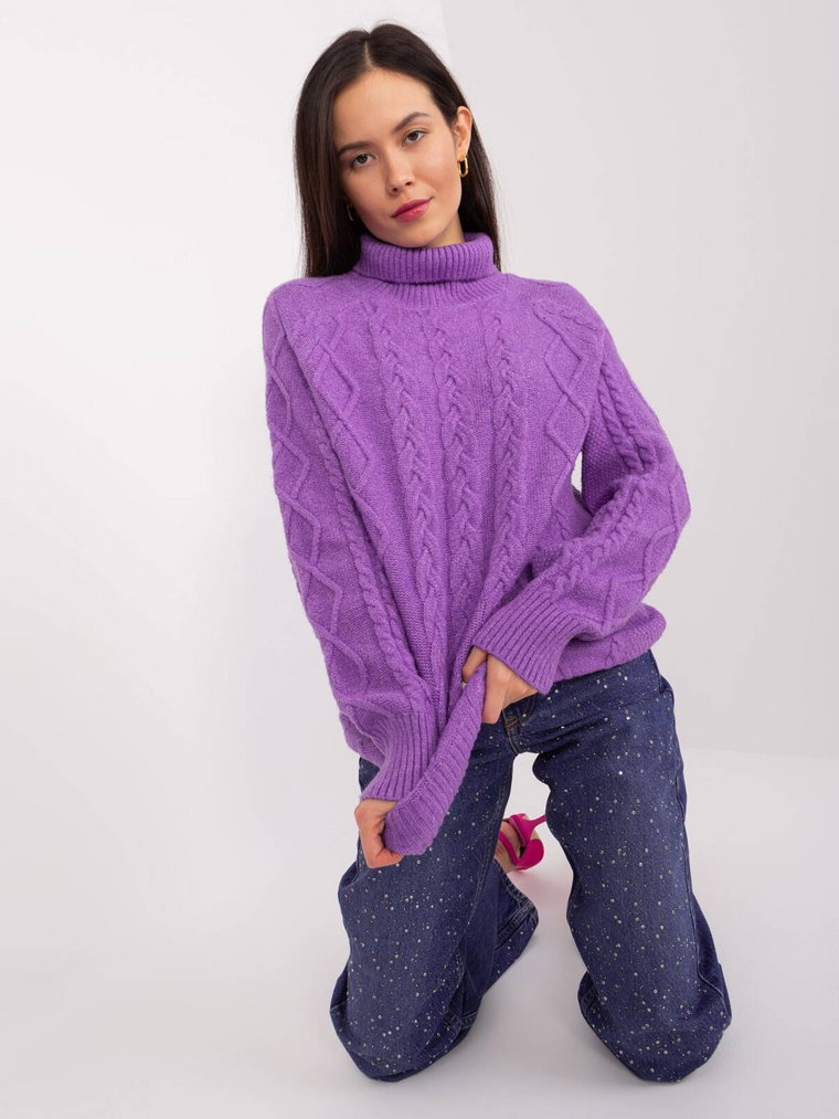 Sweter z warkoczami fioletowy casual dekolt golf rękaw długi