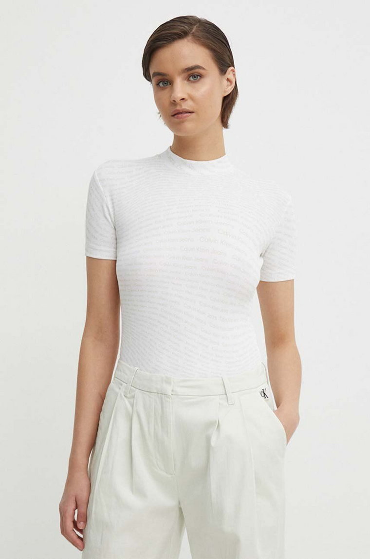 Calvin Klein Jeans t-shirt damski kolor biały z półgolfem