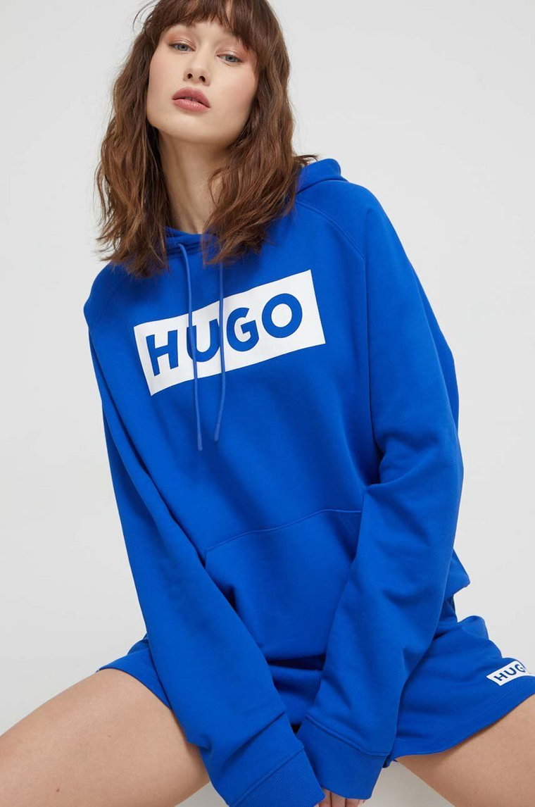 Hugo Blue bluza bawełniana damska kolor niebieski z kapturem z nadrukiem 50515818