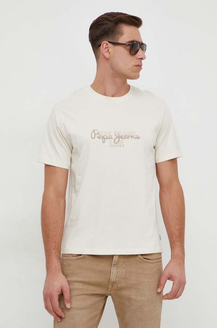 Pepe Jeans t-shirt bawełniany Chris męski kolor beżowy z nadrukiem