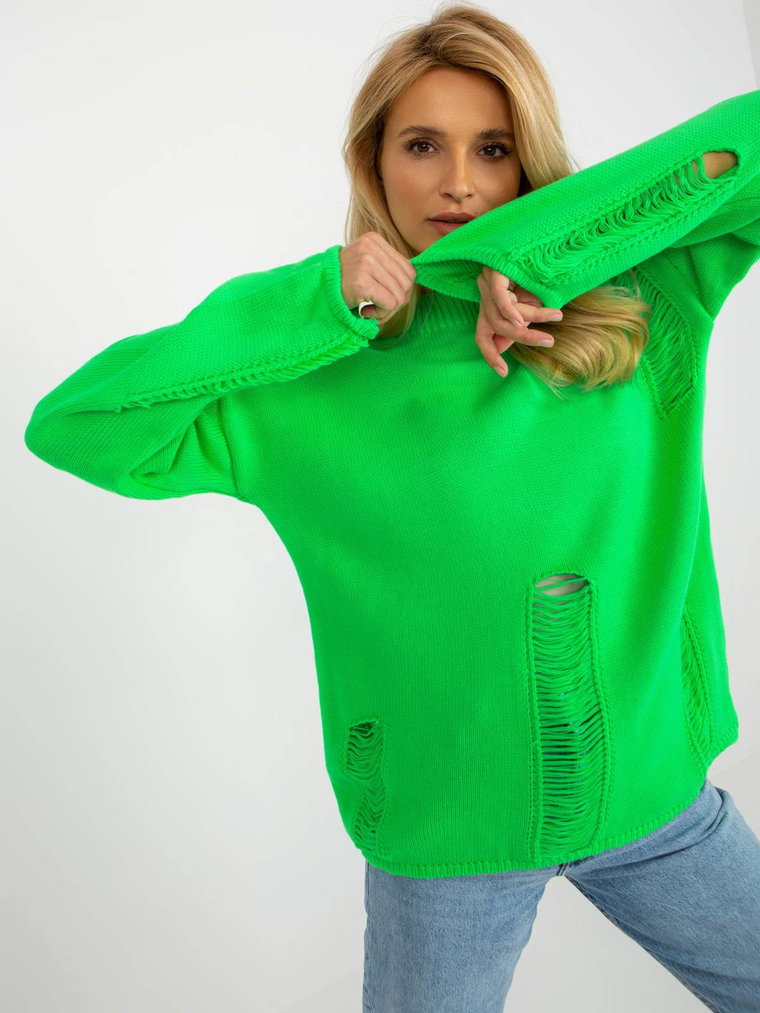 Sweter oversize fluo zielony casual dekolt łódka rękaw długi dziury
