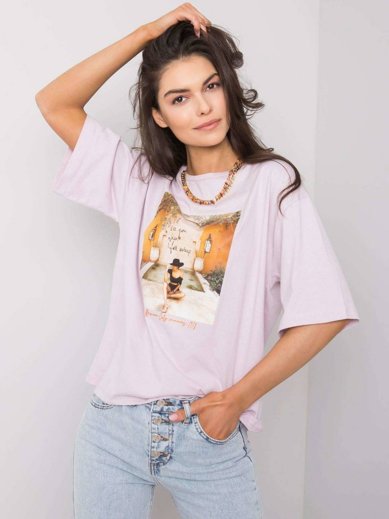 T-shirt z nadrukiem jasny fioletowy dekolt okrągły