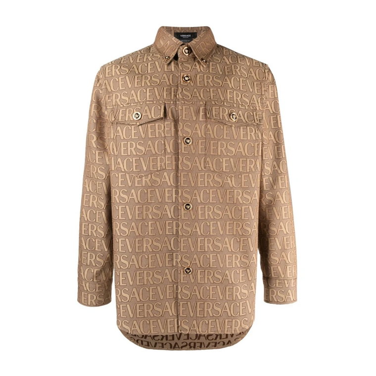 Brązowo-Beżowa Koszula z Wzorem i Guzikami Versace