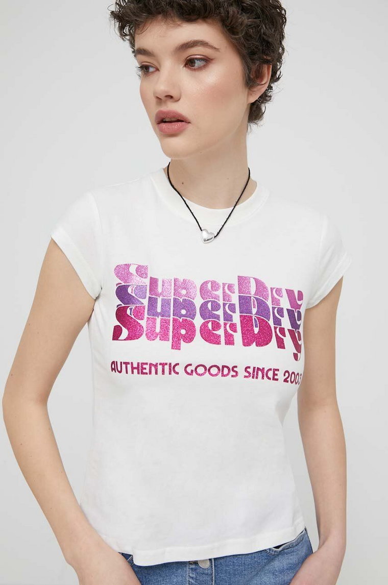 Superdry t-shirt bawełniany damski kolor beżowy