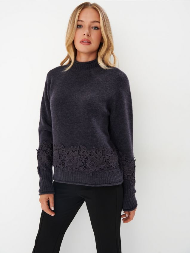 Mohito - Ciemnoszary sweter z koronką - szary