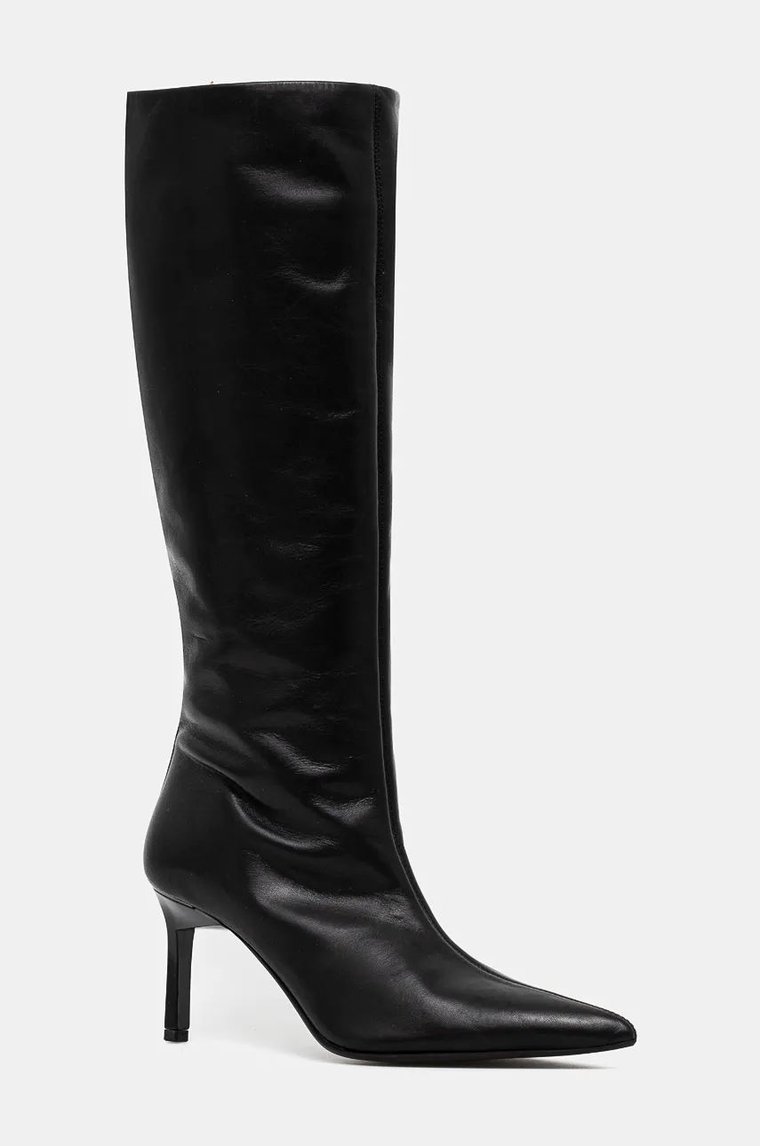 Calvin Klein kozaki skórzane HEEL KNEE BOOT 70 LTH damskie kolor czarny na szpilce HW0HW02162