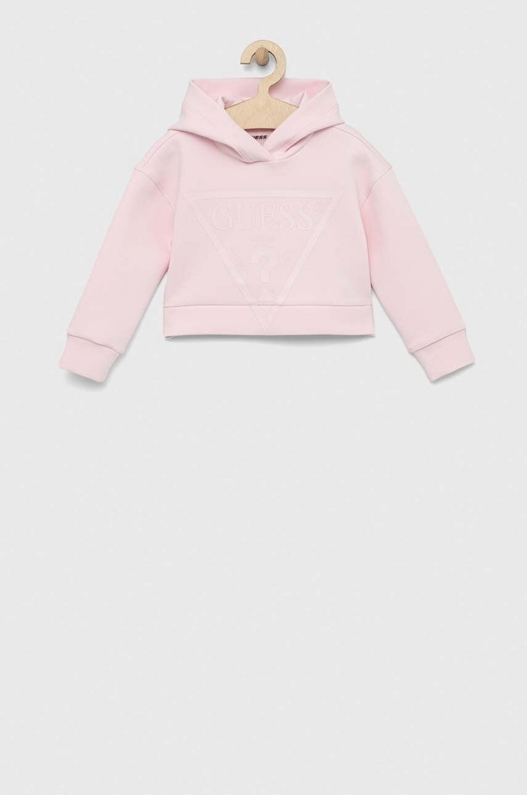 Guess bluza dziecięca kolor różowy z kapturem z nadrukiem