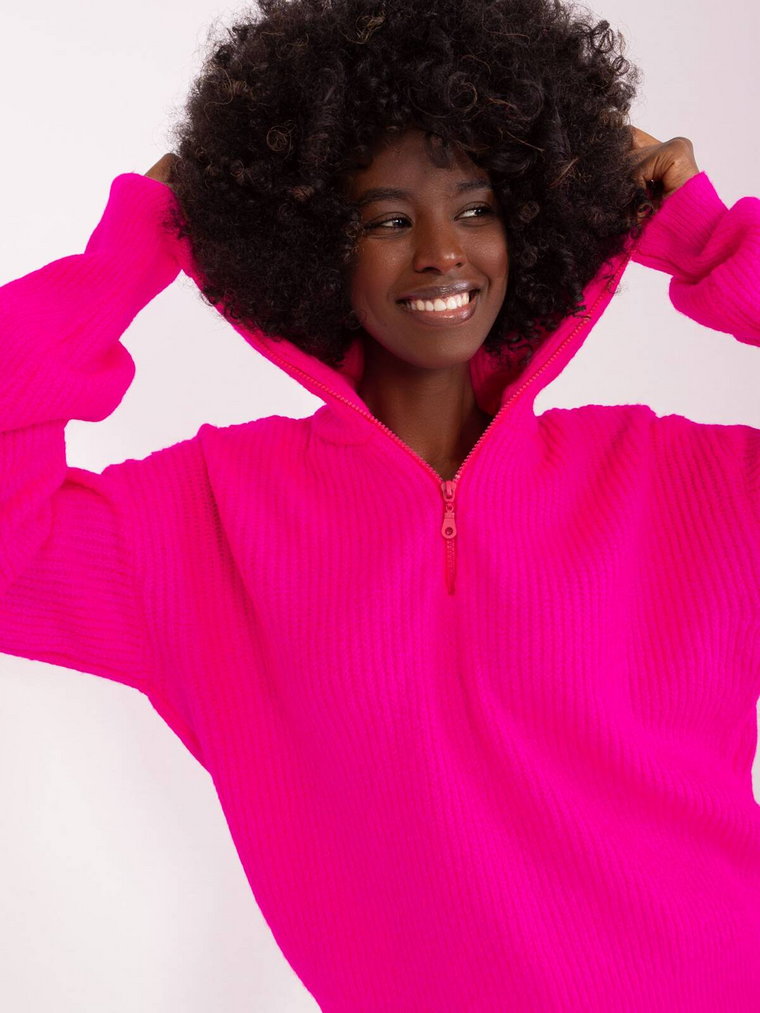 Sweter z golfem fluo różowy casual golf dekolt rękaw długi zamek