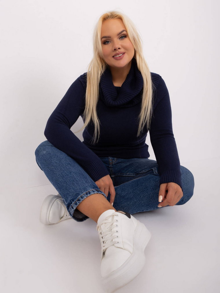 Sweter plus size granatowy casual dekolt lejący golf hiszpanka rękaw długi