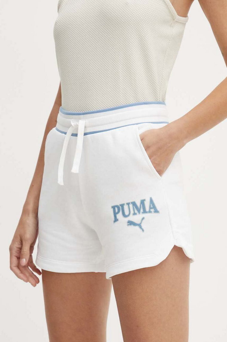 Puma szorty SQUAD damskie kolor biały z nadrukiem high waist 678704