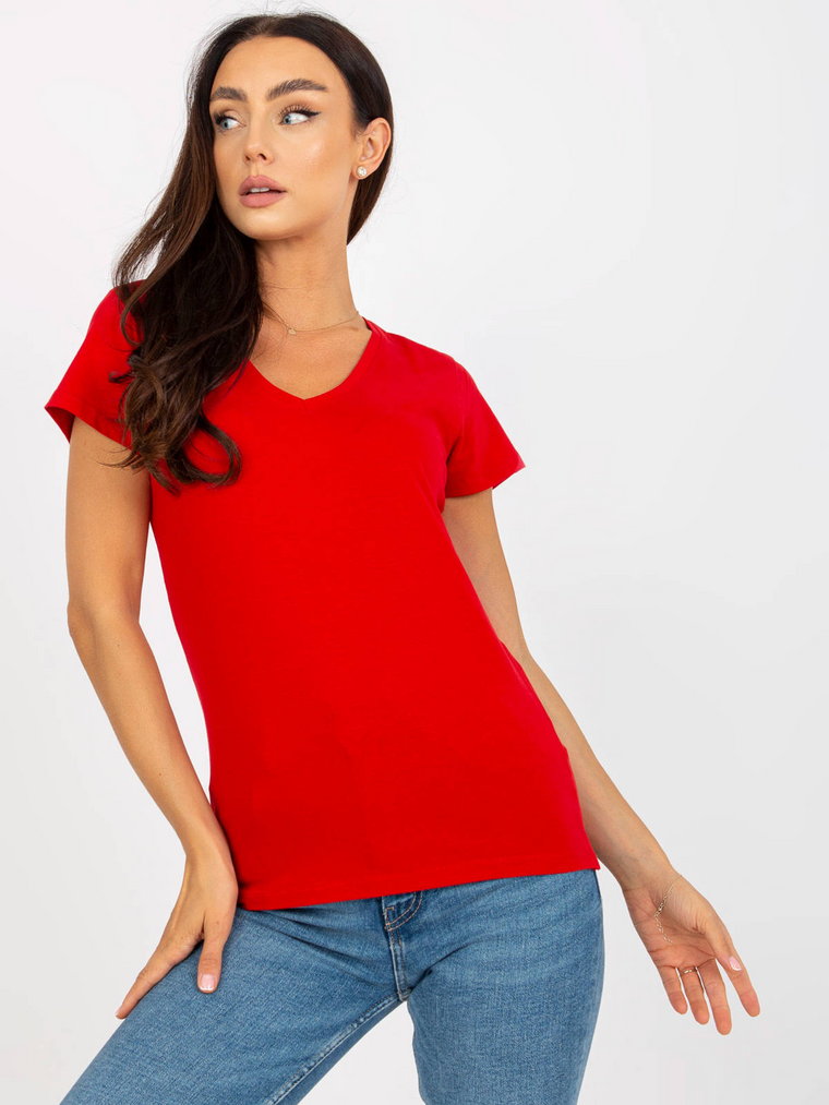 T-shirt jednokolorowy czerwony casual dekolt w kształcie V rękaw krótki