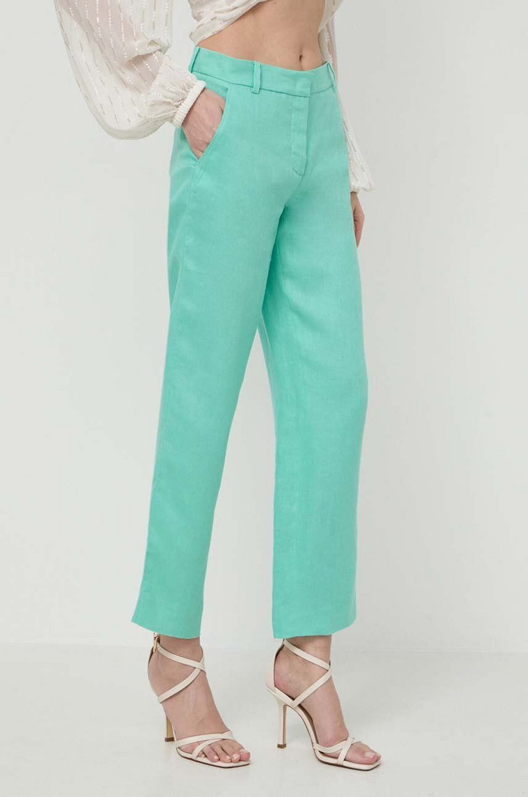 Luisa Spagnoli spodnie lniane ARGANO kolor zielony proste high waist 541139