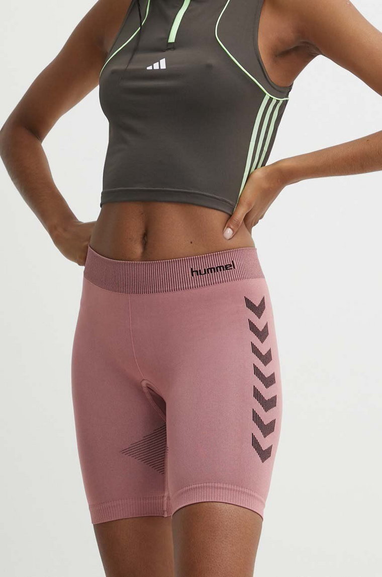 Hummel szorty treningowe First Seamless kolor różowy z nadrukiem high waist 212556