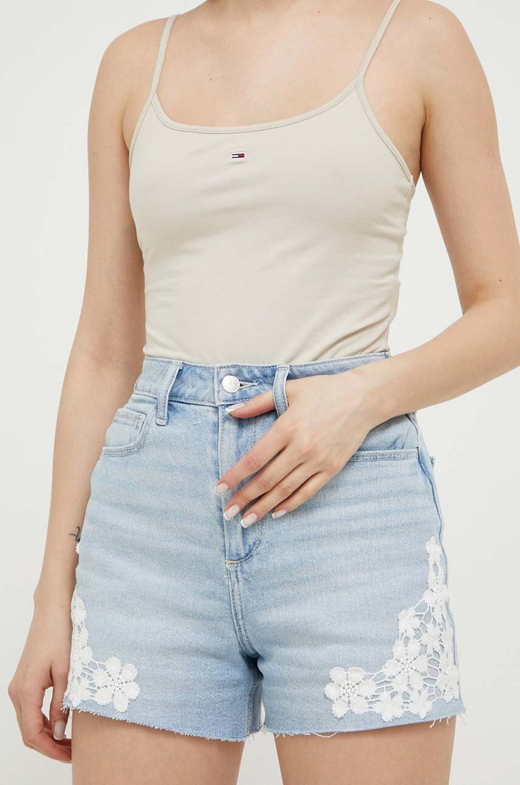 Hollister Co. szorty jeansowe damskie kolor niebieski z aplikacją high waist