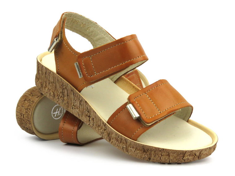 Skórzane sandały damskie na rzepy - Helios 136, jasnobrązowe