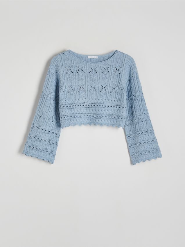 Reserved - Krótki ażurowy sweter - jasnoniebieski