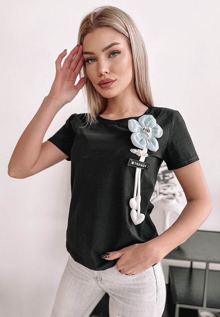 Bluzka Flower czarna z niebieskim kwiatem Niebieski L/XL