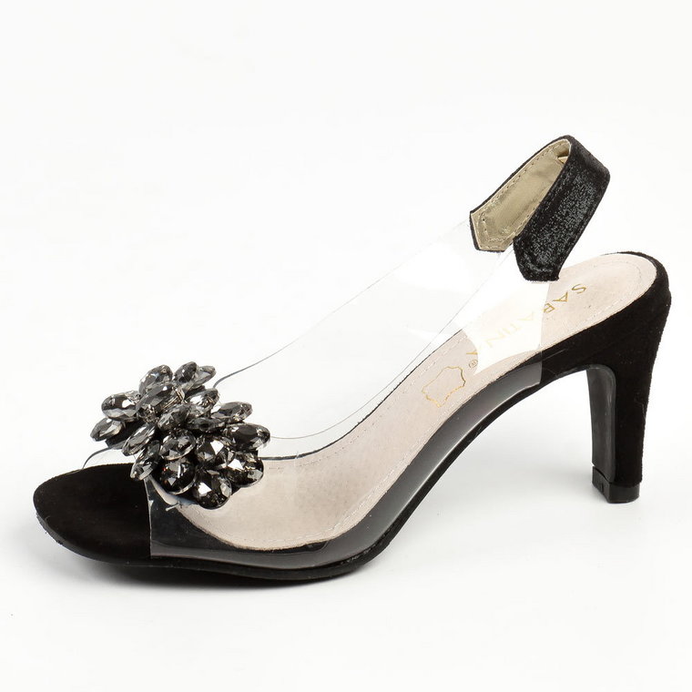 Czarne silikonowe sandały damskie na szpilce z kryształami, transparen