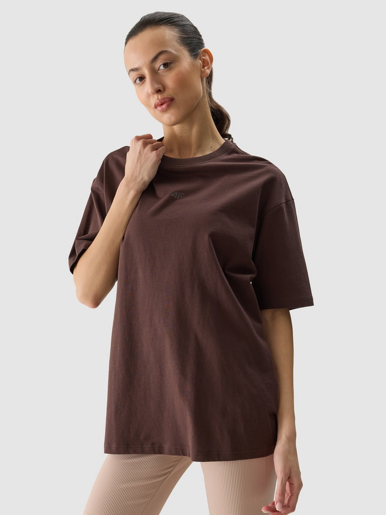 T-shirt oversize gładki damski - brązowy