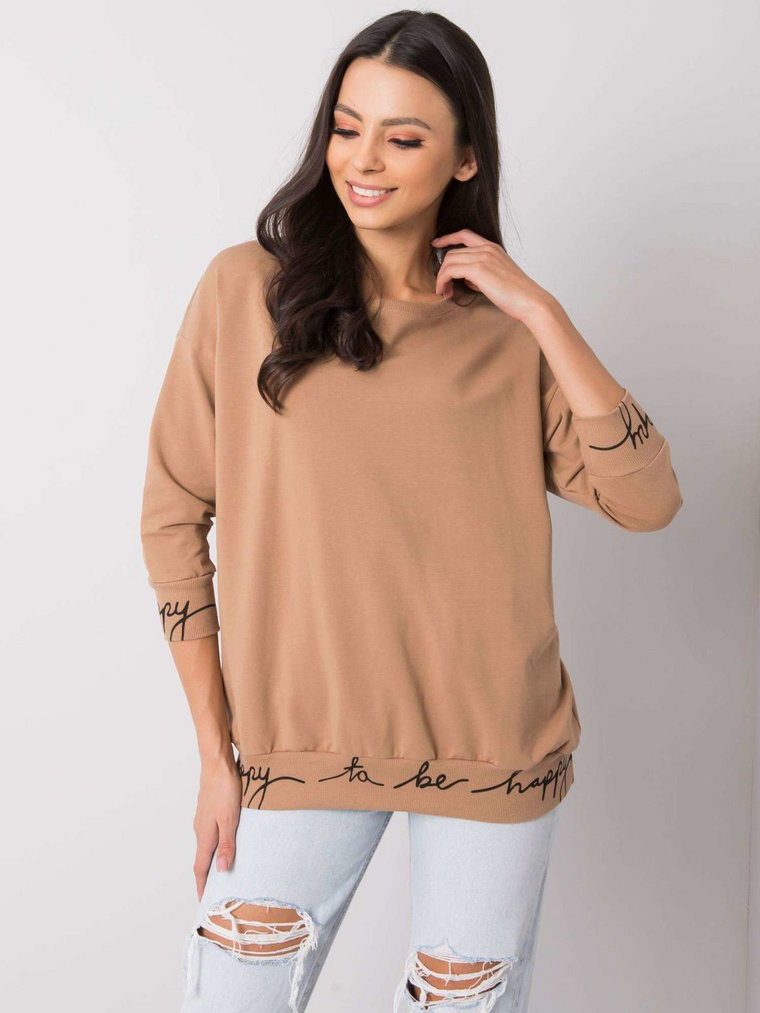 Bluza bez kaptura camelowy casual dekolt okrągły rękaw 3/4