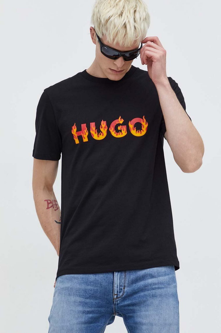 HUGO t-shirt bawełniany męski kolor czarny z nadrukiem