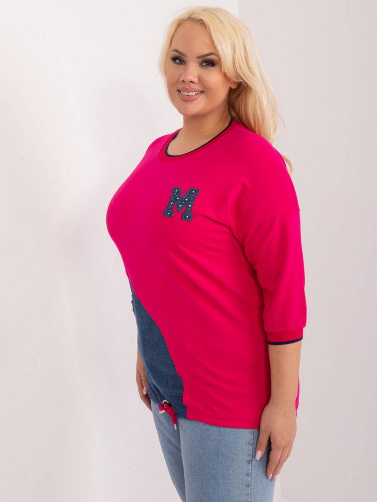 Bluzka plus size fuksjowy casual codzienna dekolt okrągły rękaw 3/4 kieszeń naszywki dżety