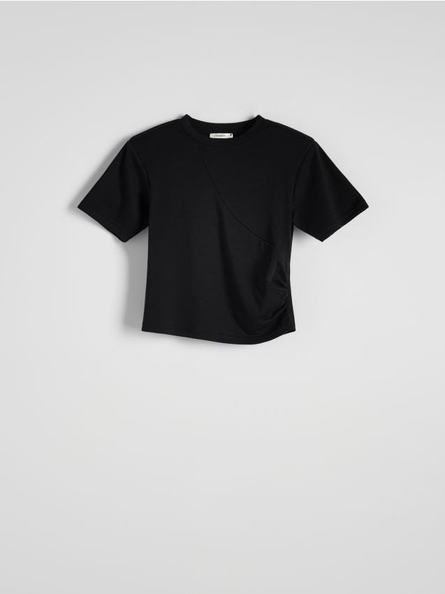 Reserved - Bawełniany t-shirt z marszczeniem - czarny