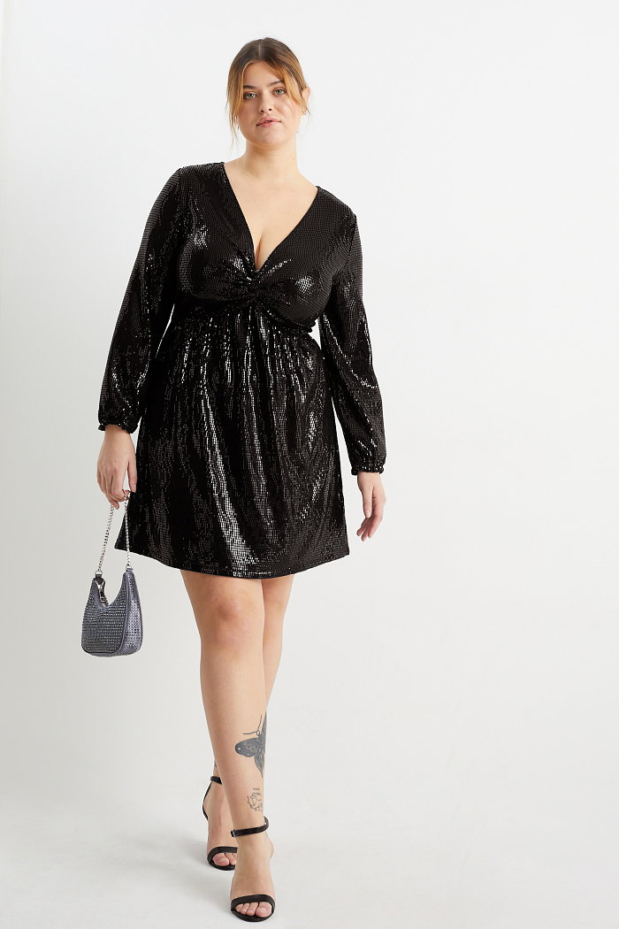 C&A CLOCKHOUSE-sukienka fit & flare z supełkiem-z połyskiem, Czarny, Rozmiar: XL