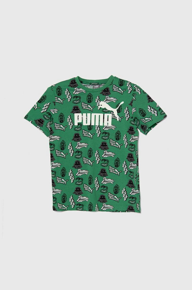 Puma t-shirt bawełniany dziecięcy ESS+ MID 90s AOP B kolor zielony wzorzysty