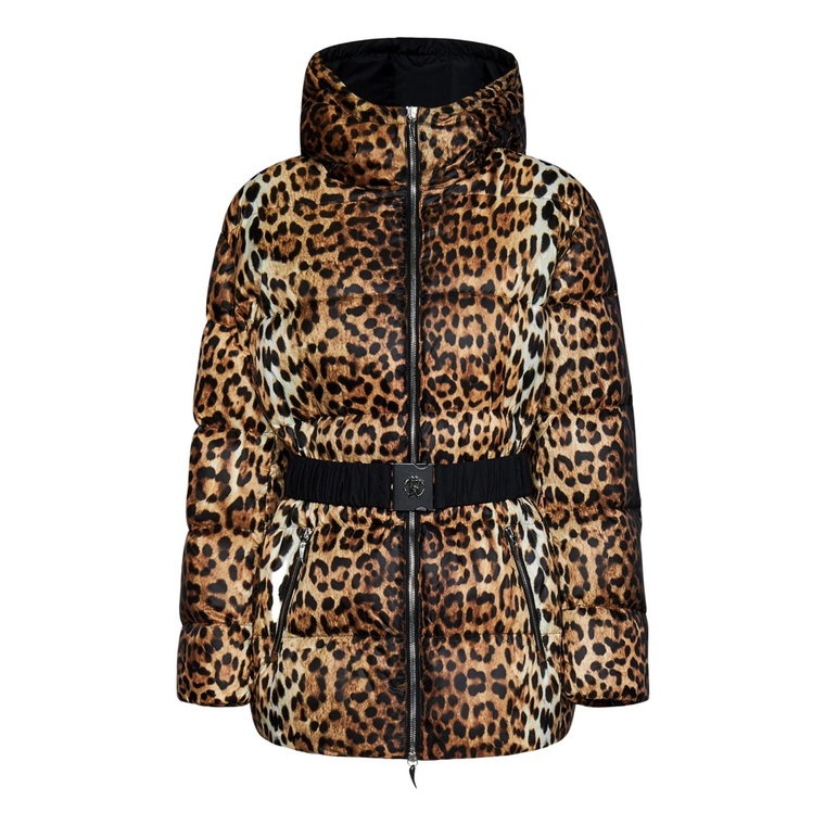 Brązowy Pikowany Płaszcz z Wzorem Jaguarów Roberto Cavalli