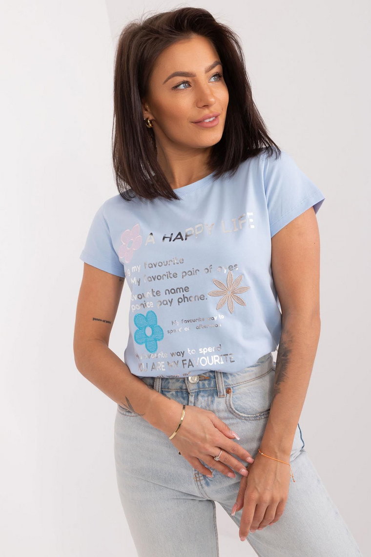 Bawełniany T-Shirt Z Napisami jasny niebieski