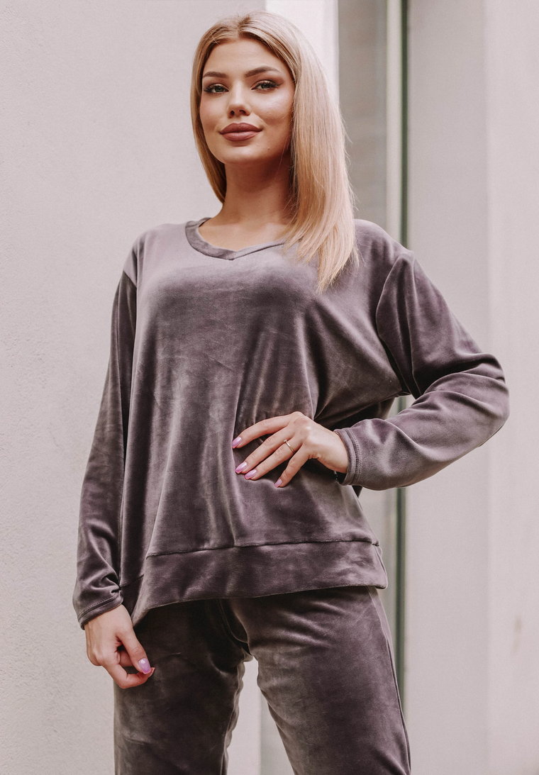 Bluza damska welurowa Comfy Set, taupe, brązowo-szary 40