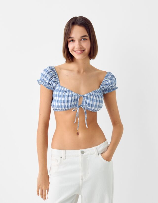 Bershka Krótki Top W Kratkę Vichy Kobieta Xs Niebieski