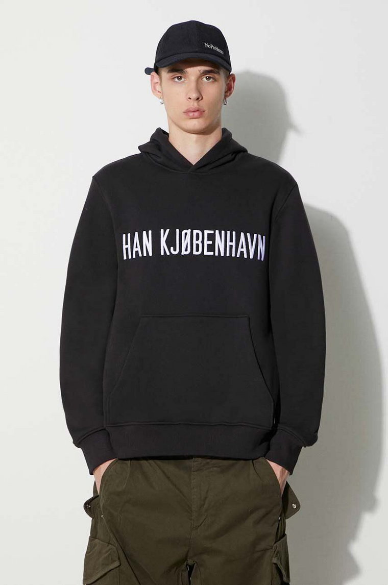 Han Kjøbenhavn bluza bawełniana męska kolor czarny z kapturem z aplikacją