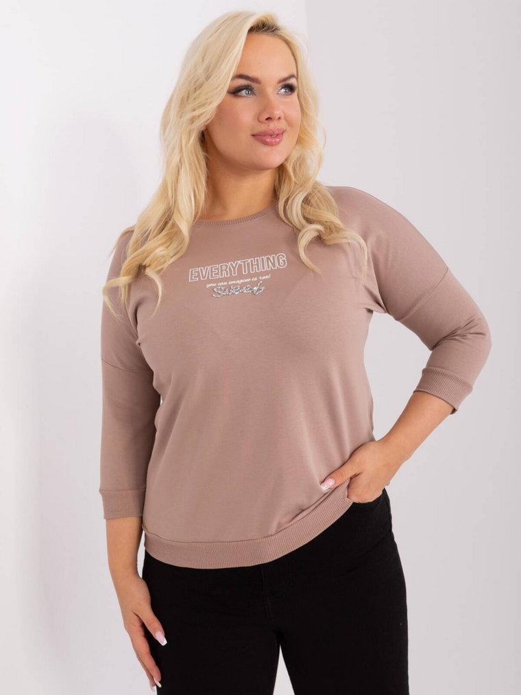 Bluzka plus size ciemny bezowy casual codzienna dekolt okrągły rękaw 3/4