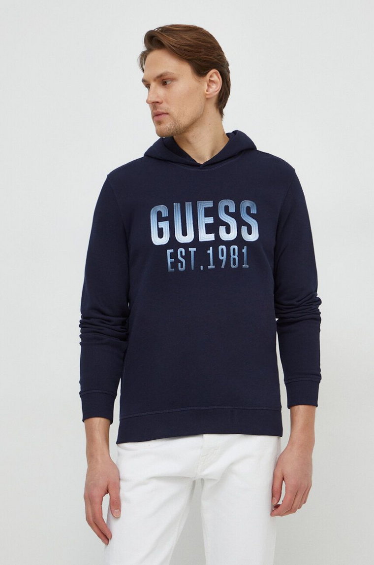 Guess bluza BEAU męska kolor granatowy z kapturem z aplikacją M4RQ36 KBK32