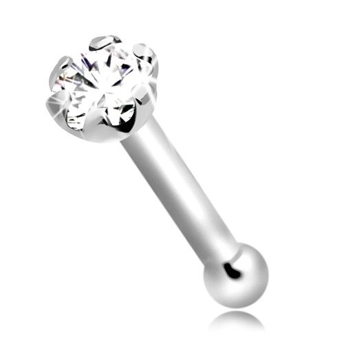 Prosty piercing do nosa z białego 14K złota z błyszczącym brylantem, 1,5 mm