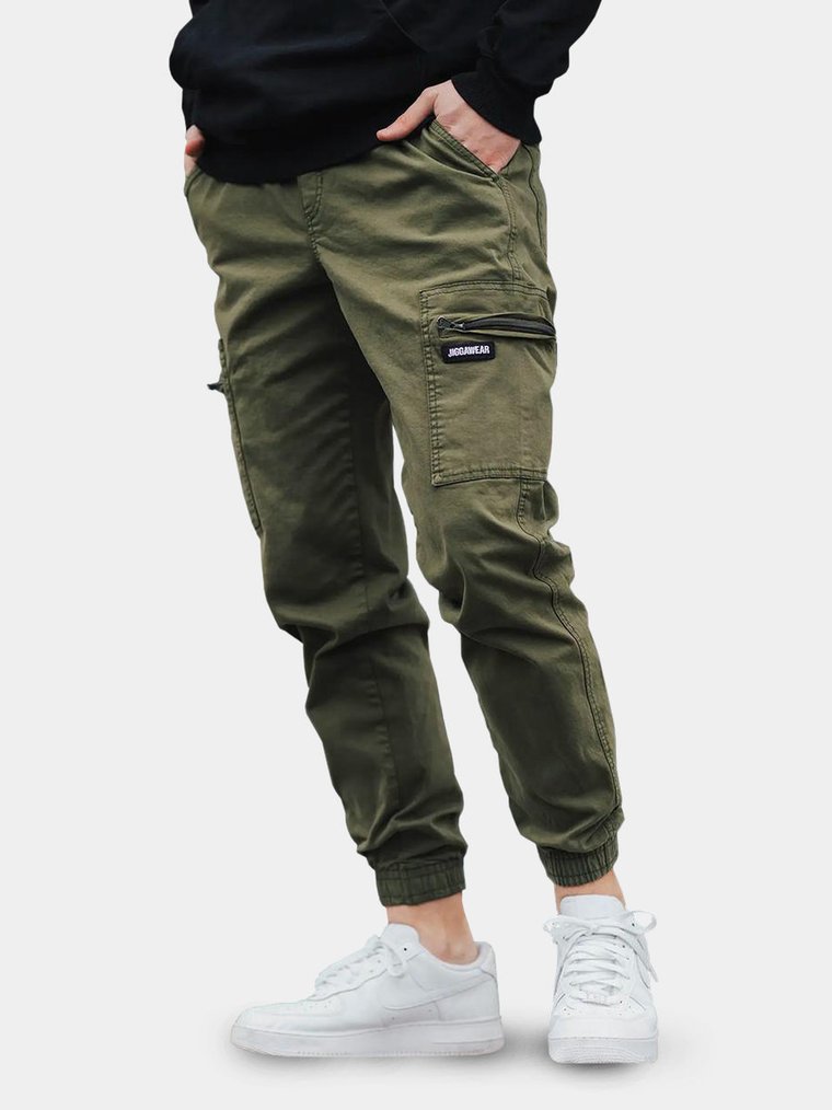 Spodnie Materiałowe Jogger Bojówki Męskie Oliwkowe Jigga Wear Stripe Zip Cargo 5XL