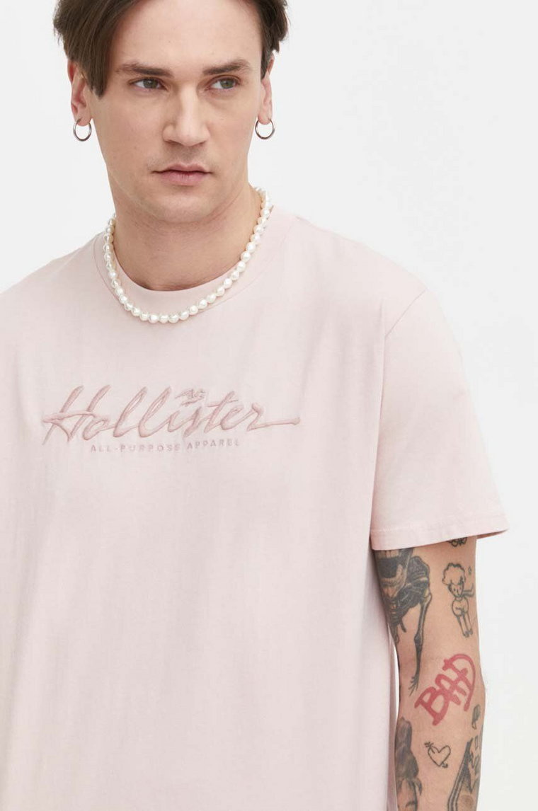 Hollister Co. t-shirt bawełniany męski kolor różowy z aplikacją