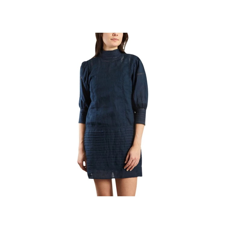 Indigo Blue Linen Dress z Francuską Koronką Mes Demoiselles