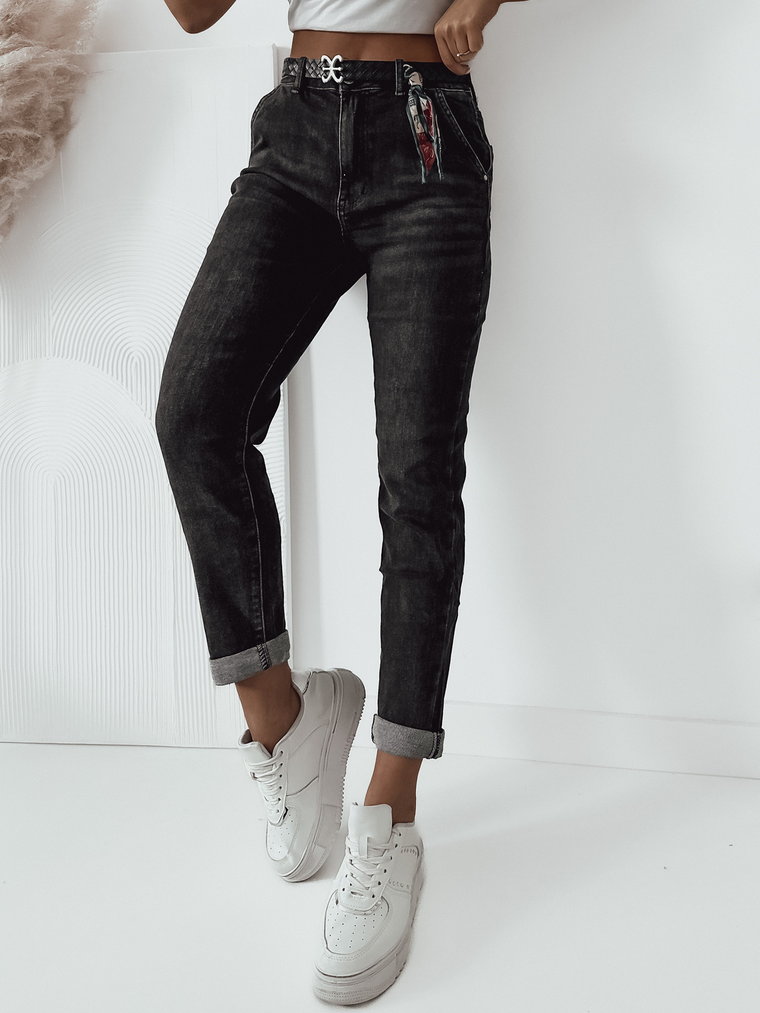 CZARNE SPODNIE JEANSOWE MOM FIT Z WYSOKIM STANEM+ PASEK ZE WSTĄŻKĄ