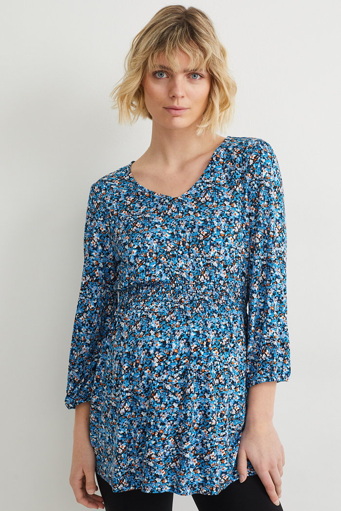 C&A Ciążowa koszulka z długim rękawem-w kwiatki, Niebieski, Rozmiar: XL