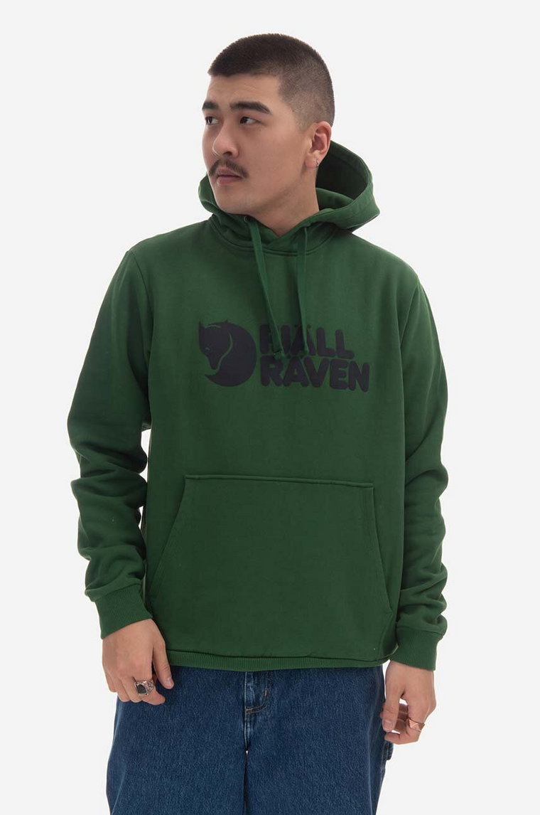 Fjallraven bluza bawełniana Logo Hoodie męska kolor zielony z kapturem z nadrukiem F84144