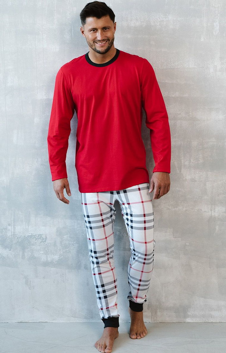 Piżama męska  Andros z długim rękawem i długimi nogawkami, Kolor czerwony-wzór, Rozmiar S, Italian Fashion