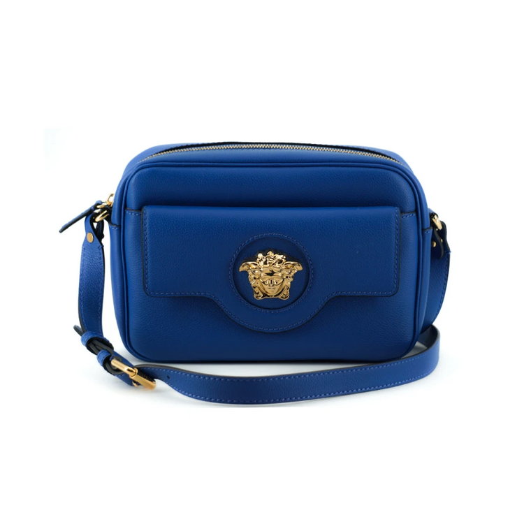 Niebieska skórzana torba na ramię do aparatu Versace