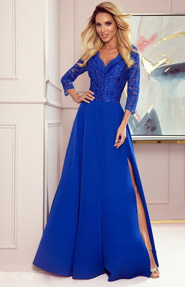 309-2 AMBER elegancka koronkowa długa suknia z dekoltem, Kolor chabrowy, Rozmiar S, Numoco