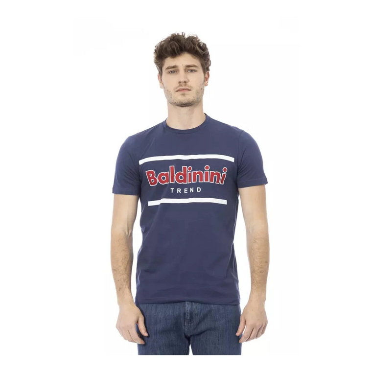 Niebieski T-shirt z okrągłym dekoltem i nadrukiem z przodu Baldinini