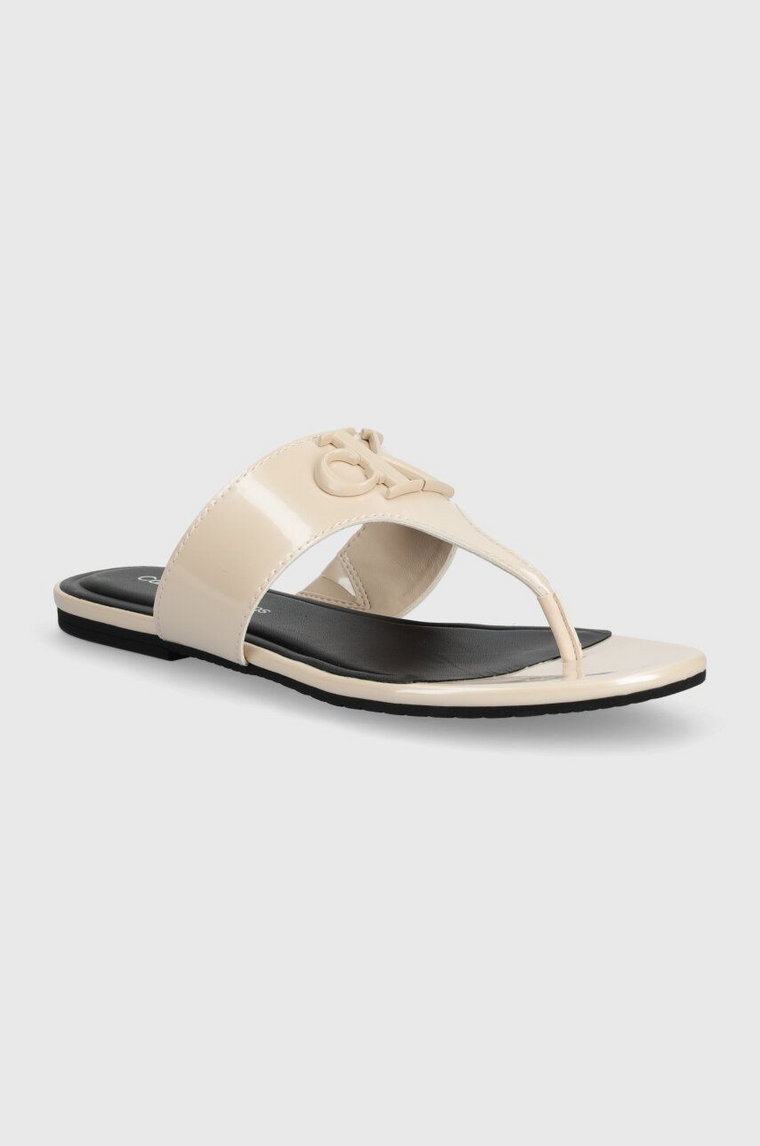 Calvin Klein Jeans japonki FLAT SANDAL SLIDE TOEPOST MG MET damskie kolor beżowy na płaskim obcasie YW0YW01342